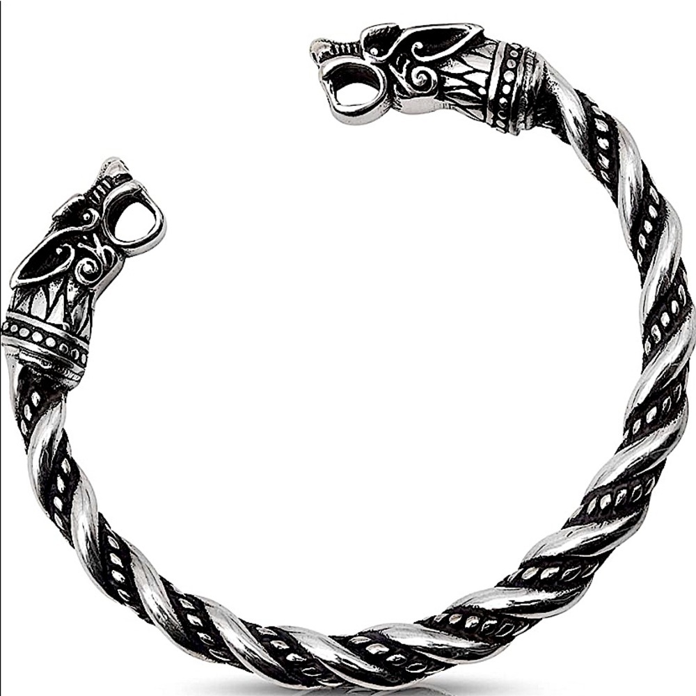 SILVER VIKING WOLF BRACELET SILVER ARM BAND CUFF BANGLE - Picture 3 of 9